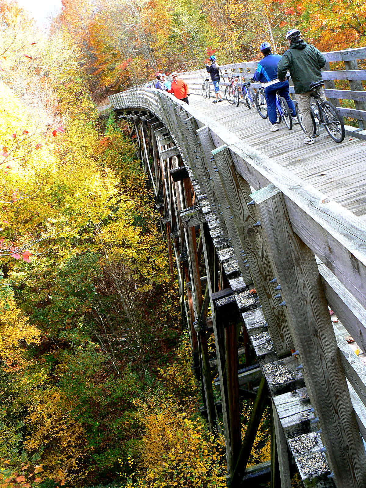 Cyclists paused on a high wooden trestle of the Virginia Creeper Trail