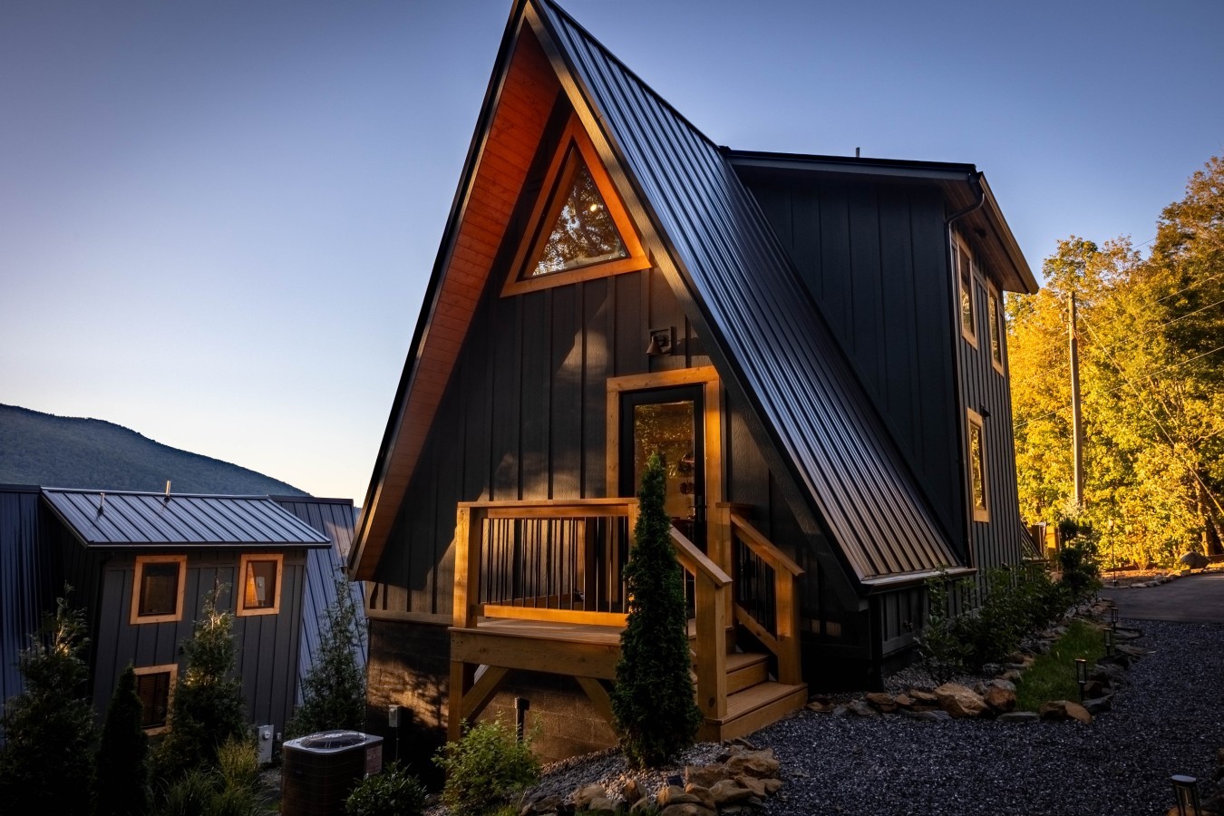 Cabin front entrance at dusk