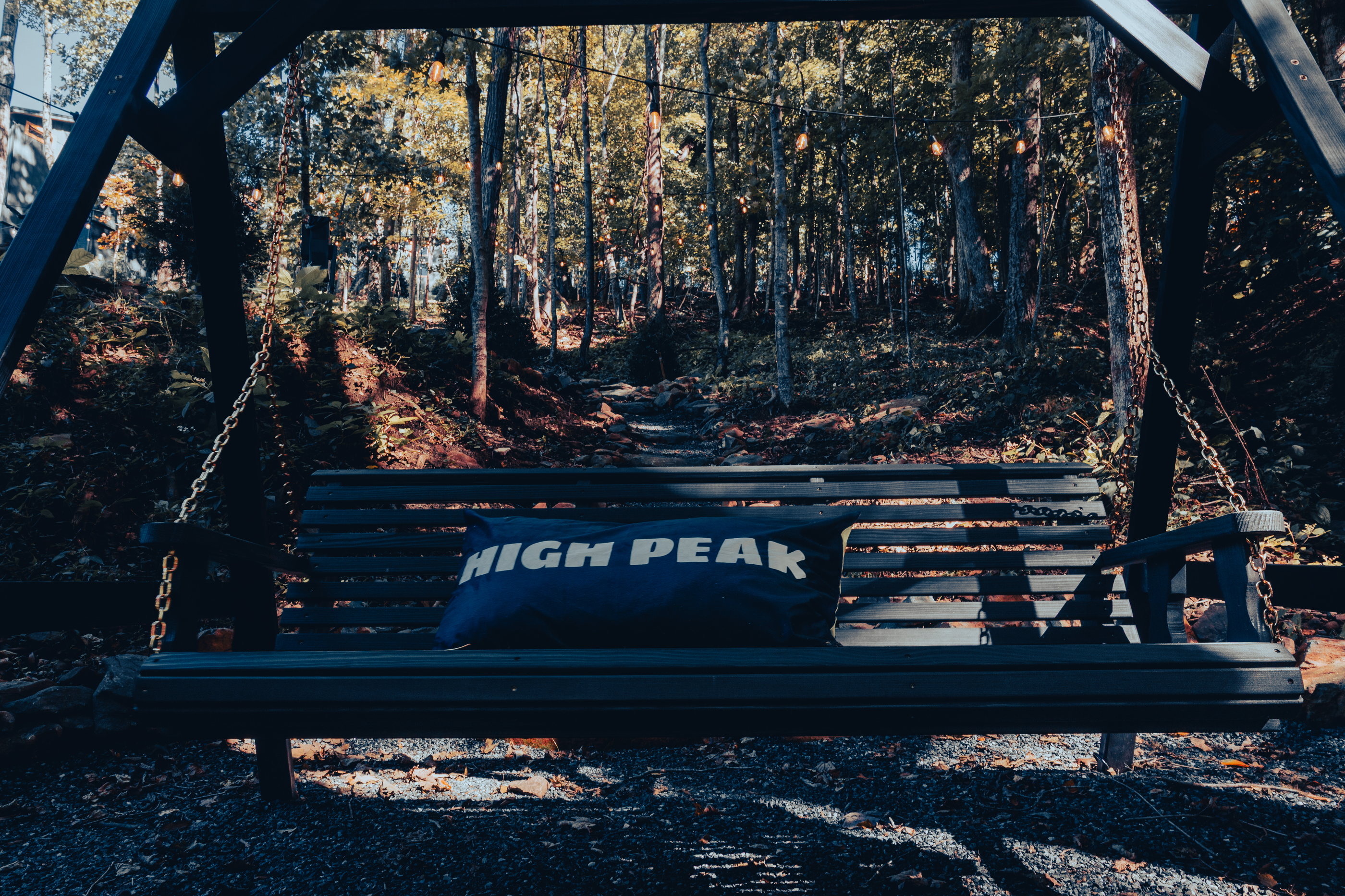 Black swing with a High Peak pillow in the woods at High Peak in West Jefferson, NC.